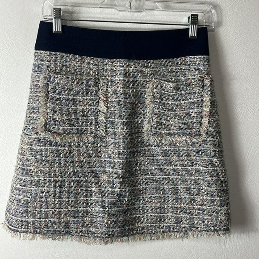J. Crew Tweed Boucle' Mini Skirt Women's 0 Blue Multi Frayed Hem & Trim  Pockets